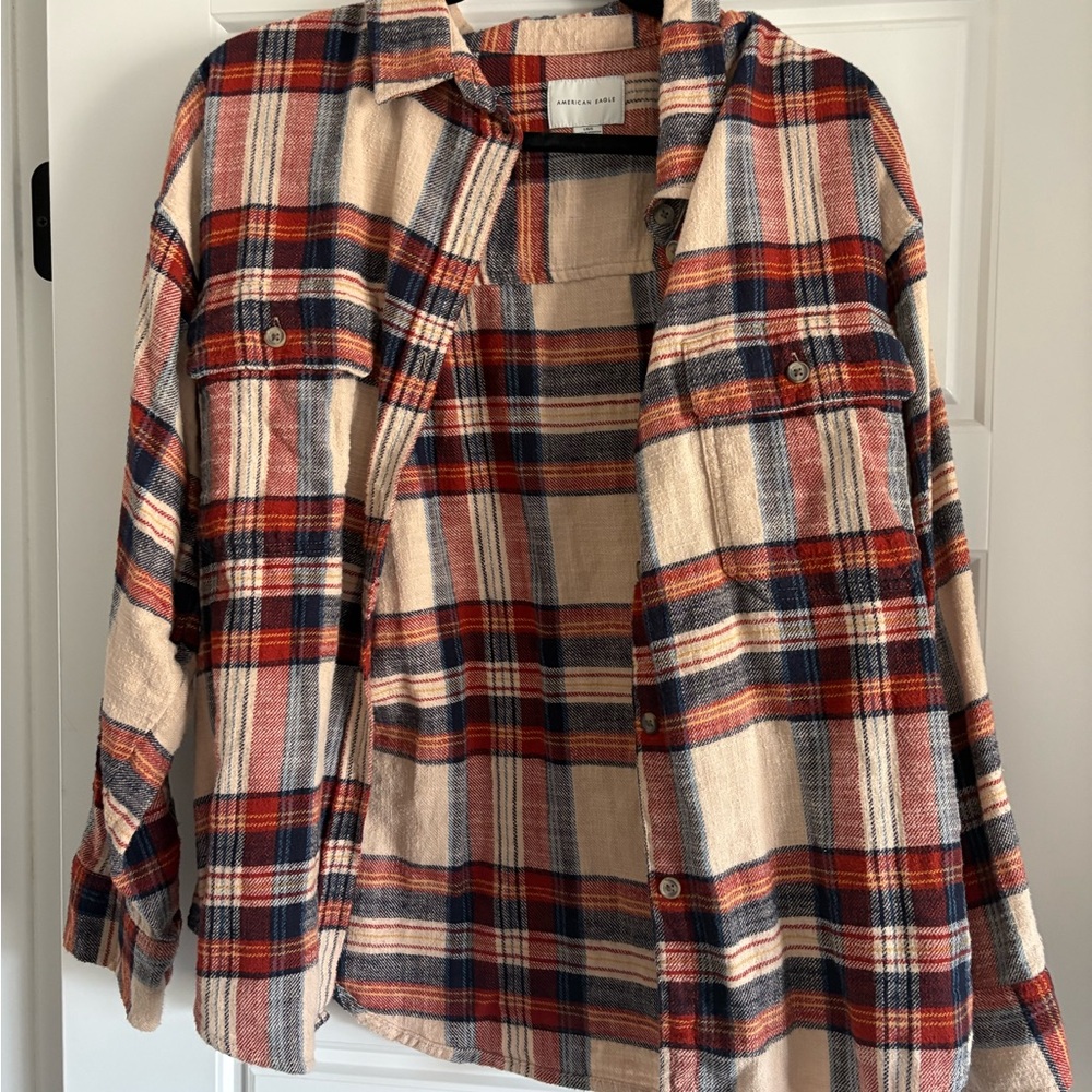 American Eagle Outfitters Plaid Button Down Shirt - Red, Blue, Cream